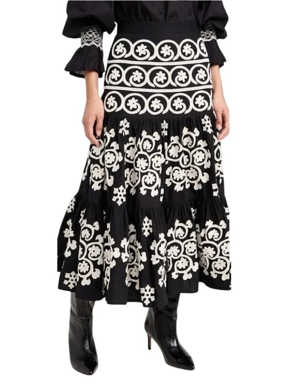 FIGUE Camille Embroidered Tiered Skirt Black Size 2 NWT